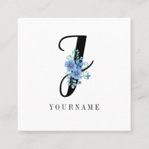 Tarjeta De Visita Cuadrada Floral Monograma J Flor azul