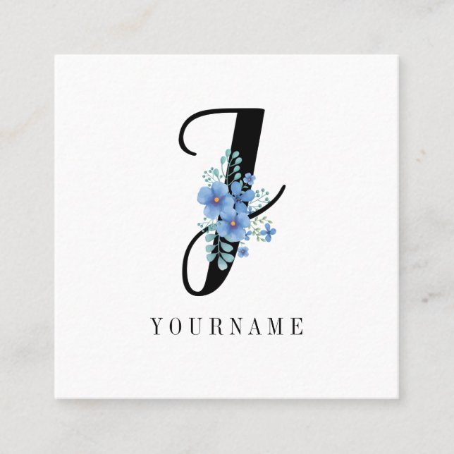Tarjeta De Visita Cuadrada Floral Monograma J Flor azul (Anverso)
