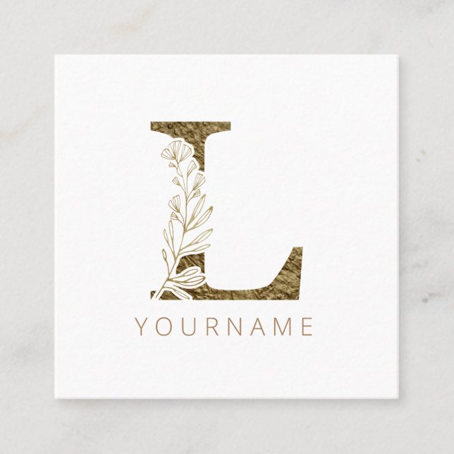 Tarjeta De Visita Cuadrada Floral Monograma L Elegante Foliage Gold (Anverso)