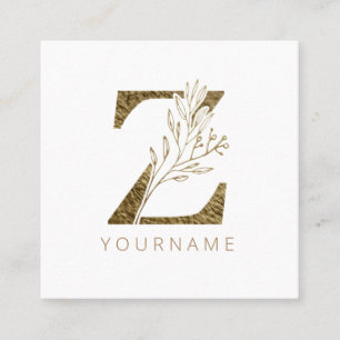 Tarjeta De Visita Cuadrada Floral Monograma Z Elegante Foliage de Oro