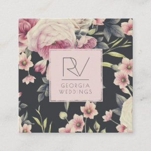 Tarjeta De Visita Cuadrada Floral Oscuro Vintage sobre Negro Monograma