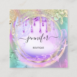 Tarjeta De Visita Cuadrada Floral QRCode Nails Acrilic Drips Holograph