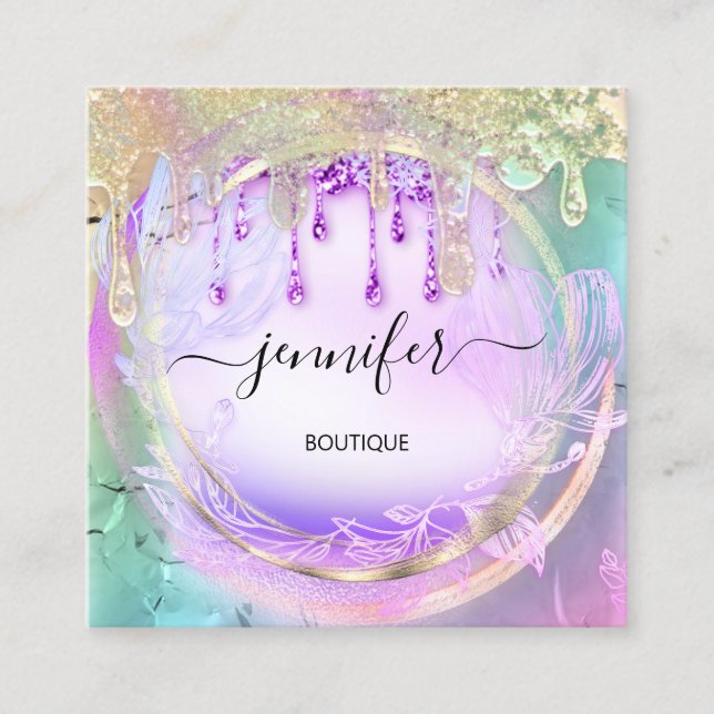 Tarjeta De Visita Cuadrada Floral QRCode Nails Acrilic Drips Holograph (Anverso)