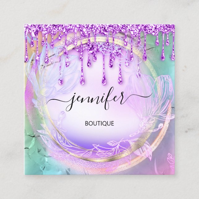 Tarjeta De Visita Cuadrada Floral QRCode Profesional Ver Perforaciones Hologr (Anverso)