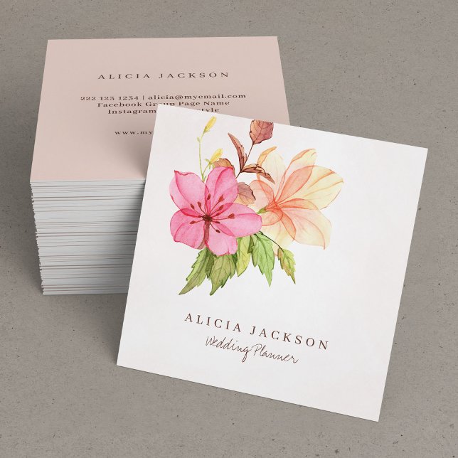 Tarjeta De Visita Cuadrada Floral ramo pastel acuarela planificador de bodas (Subido por el creador)
