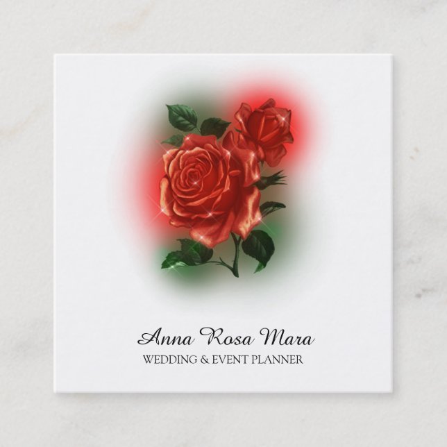 Tarjeta De Visita Cuadrada *~* Floral Red ROSE Wedding Planner Elegante QR  (Anverso)