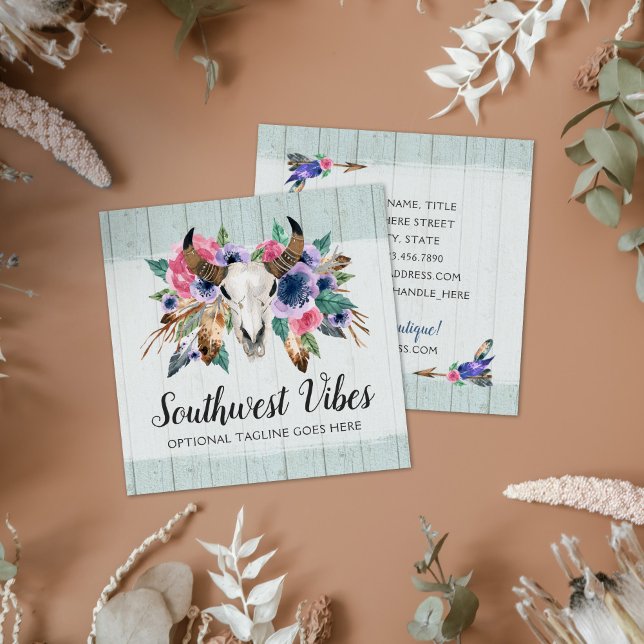 Tarjeta De Visita Cuadrada Floral rústica Cow Skull acuarela Madera Boho Moda (Subido por el creador)