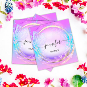 Tarjeta De Visita Cuadrada Floral verde QRCode Profesional Ver Azul Rosa