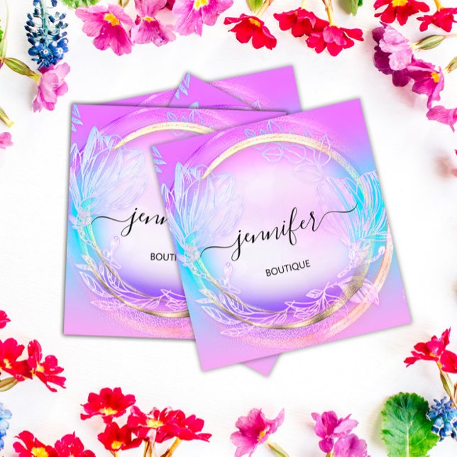 Tarjeta De Visita Cuadrada Floral verde QRCode Profesional Ver Azul Rosa (Green Floral QRCode Professional Shop Pink Blue Square Business Card)