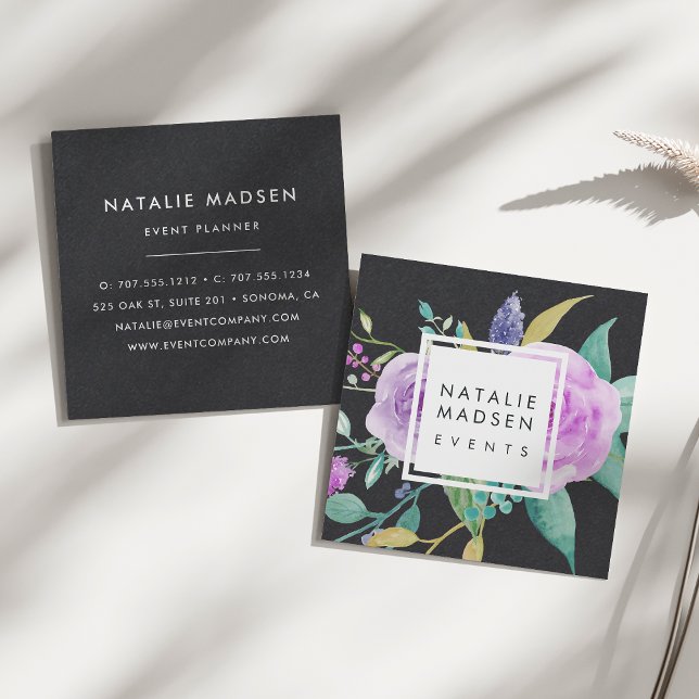 Tarjeta De Visita Cuadrada Floral violeta pintada | Negro (Subido por el creador)