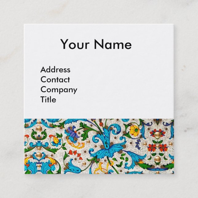 TARJETA DE VISITA CUADRADA FLORENTINA RENAISSANCE FLORES AZULES, FLORES (Anverso)