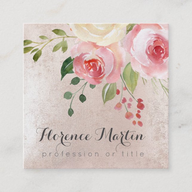 Tarjeta De Visita Cuadrada flores acuarelas en rosa (Anverso)