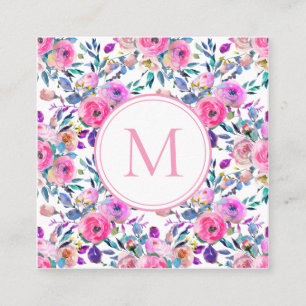 Tarjeta De Visita Cuadrada Flores acuáticas de monograma rosa