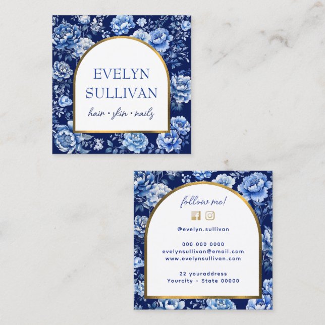 Tarjeta De Visita Cuadrada Flores azul Chinoiserie (Anverso / Reverso)
