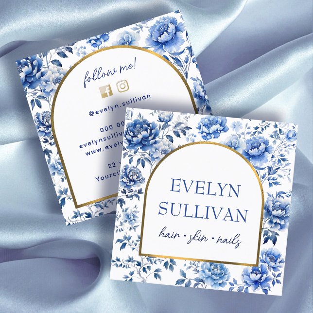 Tarjeta De Visita Cuadrada Flores azules chinoiserie elegante (Subido por el creador)