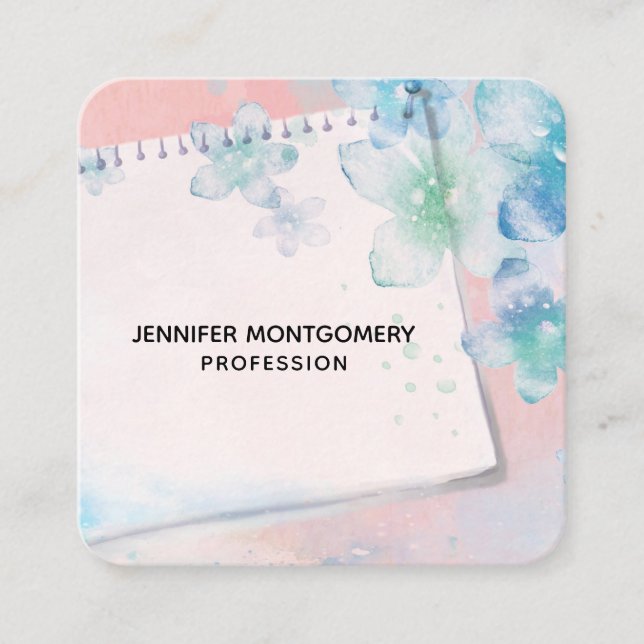 Tarjeta De Visita Cuadrada Flores azules de bonito en fondo rosado (Anverso)