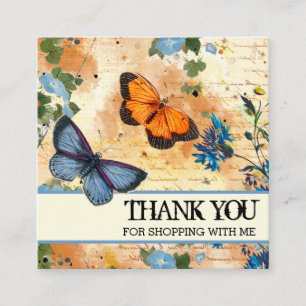 Tarjeta De Visita Cuadrada Flores azules mariposa vintage.