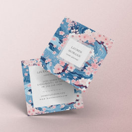 Tarjeta De Visita Cuadrada Flores Azules Y Rosa De Sakura