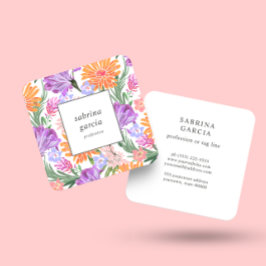 Tarjeta De Visita Cuadrada Flores brillantes | Rosa naranja azul violeta