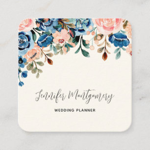 Tarjeta De Visita Cuadrada Flores de acuarela rosa y azul