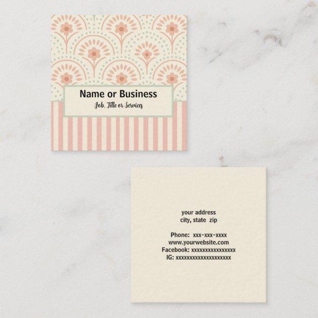 Tarjeta De Visita Cuadrada Flores de Boho y rayas (Anverso / Reverso)