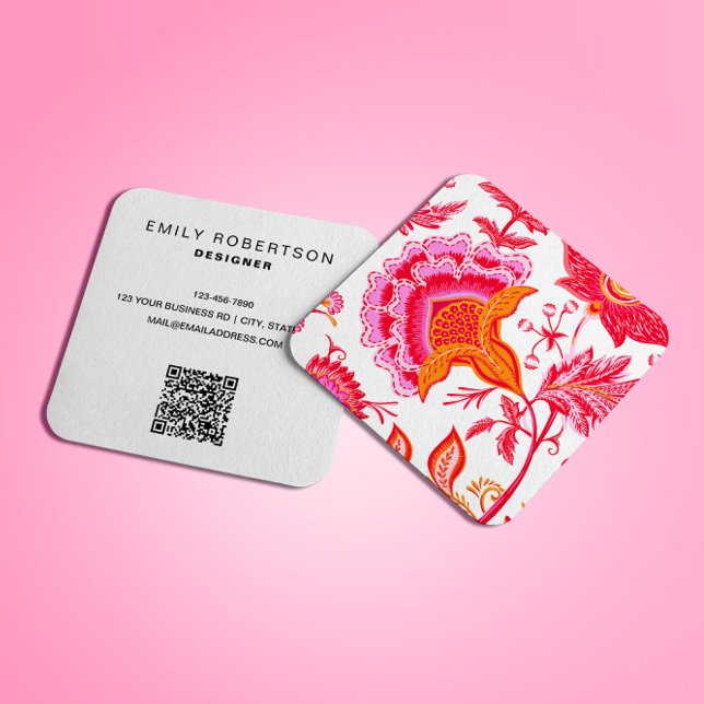 Tarjeta De Visita Cuadrada Flores de cosecha preppy | Naranja rosa blanco (Subido por el creador)