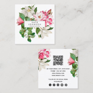Tarjeta De Visita Cuadrada Flores de magnolia rosa y blanca vintage Código QR