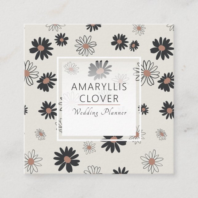 Tarjeta De Visita Cuadrada Flores de margarita Patrón floral rosado negro (Anverso)