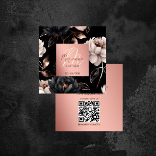Tarjeta De Visita Cuadrada Flores de moda de oro de rosa negro qr