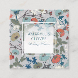 Tarjeta De Visita Cuadrada Flores de patrón gris Naranja azul alegre y colori