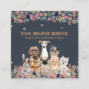 Tarjeta De Visita Cuadrada Flores de perros Servicio de Mascota Rústico Flora