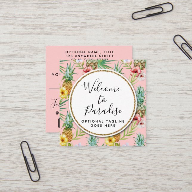 Tarjeta De Visita Cuadrada Flores de piña e hibisco acuarela tropical (Anverso/Reverso In Situ)