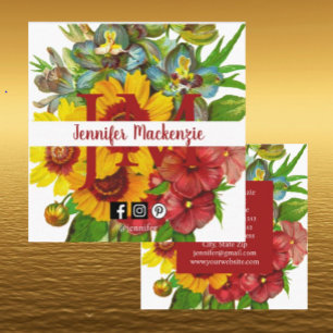 Tarjeta De Visita Cuadrada Flores de rosa vintage iniciales florales girasole
