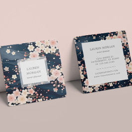 Tarjeta De Visita Cuadrada Flores de Sakura Azul de la Marina
