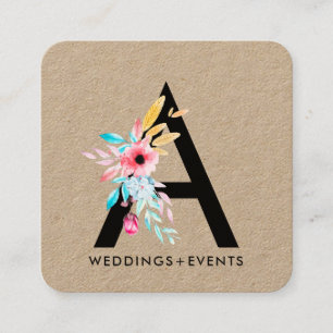 Tarjeta De Visita Cuadrada Flores elegantes acuarela color floral monograma k