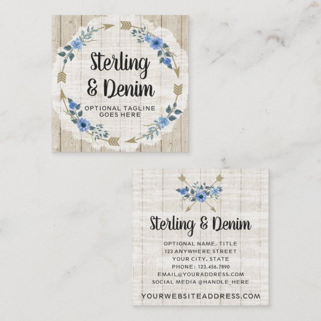 Tarjeta De Visita Cuadrada Flores florales de Madera Rústica y Acuarela Bohem (Anverso / Reverso)