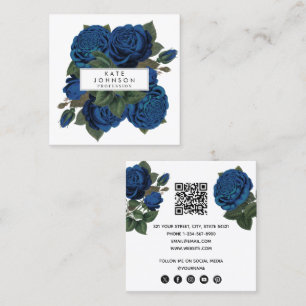 Tarjeta De Visita Cuadrada Flores florales de Rosas azules de época Código QR