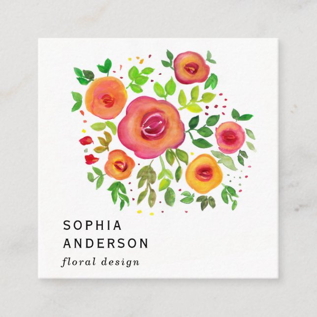 Tarjeta De Visita Cuadrada Flores Luminosas Bouquet Floral, Pintura acuarela (Anverso)