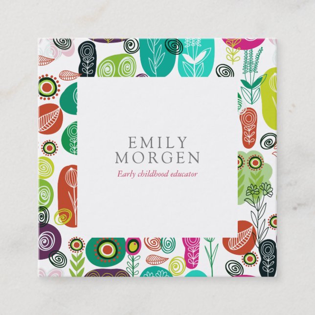 Tarjeta De Visita Cuadrada Flores retro de mano suave dibujando educación inf (Anverso)