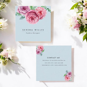 Tarjeta De Visita Cuadrada Flores rosa floral Moda azul simple