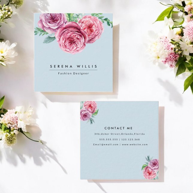 Tarjeta De Visita Cuadrada Flores rosa floral Moda azul simple (Subido por el creador)
