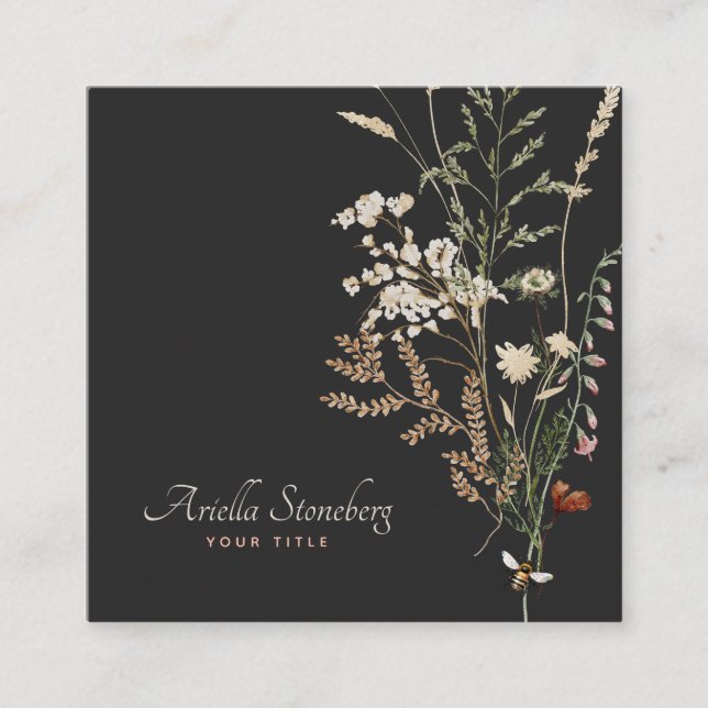 Tarjeta De Visita Cuadrada Flores silvestres brillantes | Floral sobre negro (Anverso)