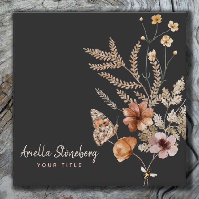 Tarjeta De Visita Cuadrada Flores silvestres brillantes | Floral sobre negro (Subido por el creador)