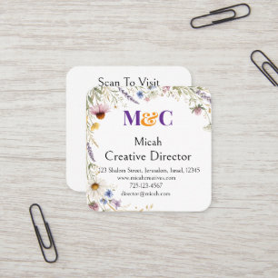Tarjeta De Visita Cuadrada Flores silvestres Floral Botánico Acuarela, Follaj