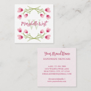 Tarjeta De Visita Cuadrada Flores Silvestres Rosadas Monograma Femenino
