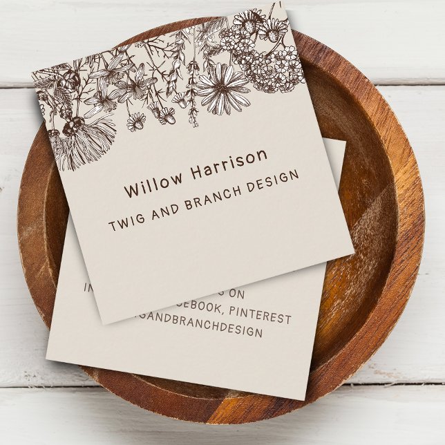 Tarjeta De Visita Cuadrada Flores silvestres rústicas (Rustic Whimsical Wildflowers Square Business Card)