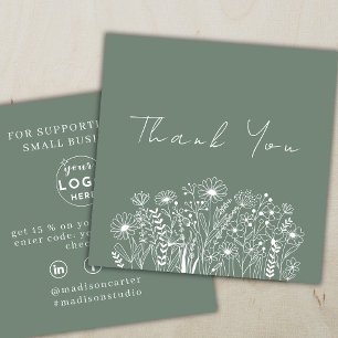 Tarjeta De Visita Cuadrada Flores silvestres Verde Salvia Boho Orden Agradece