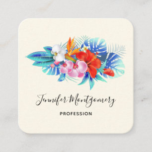 Tarjeta De Visita Cuadrada Flores tropicales exóticas - Rosa y Aqua
