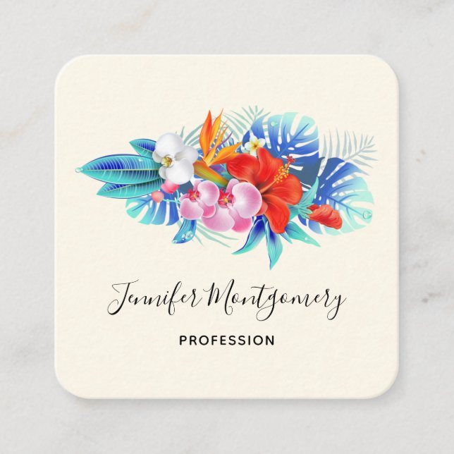 Tarjeta De Visita Cuadrada Flores tropicales exóticas - Rosa y Aqua (Anverso)