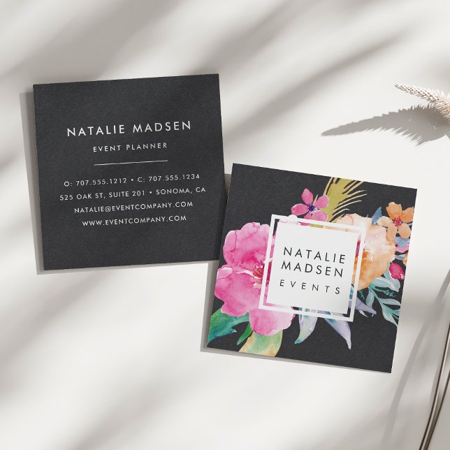 Tarjeta De Visita Cuadrada Flores tropicales | Negro (Subido por el creador)